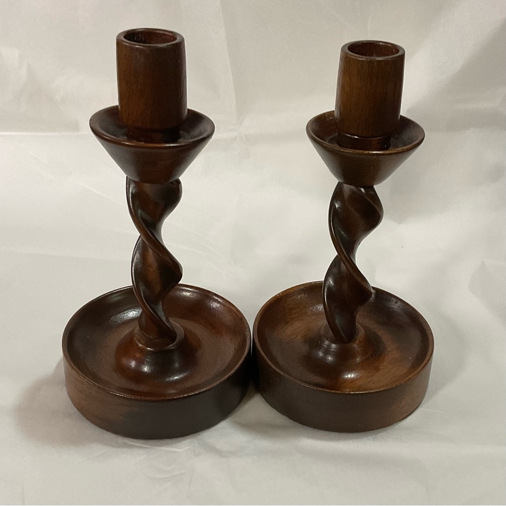 Vintage Carved Barley twist wooden taper candle holders deep brown
